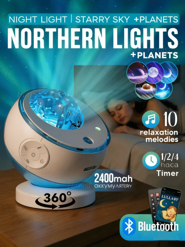 Northern Lights Galaxy Projector with BT 5.0 Speaker, 8 White Noise Sounds USB Rechargeable Mood Night Light for Bedroom Decor